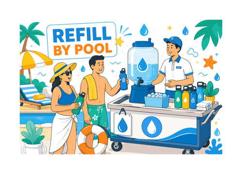 Poolside Water Refill Cart. Clean editorial banner showing a resort worker serving two guests beside one oversized refill dispenser and one large wheeled hydration cart, with reusable bottles, ice
