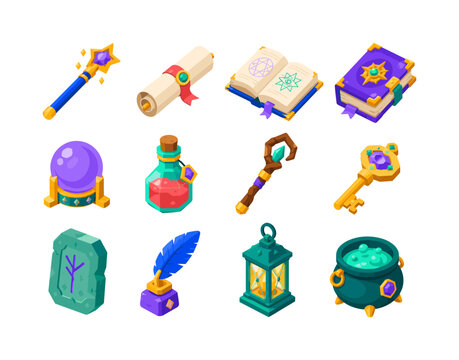 Enchanted Wizard Tools isometric flat icon set, 12 isometric object icons featuring magic wand, rolled scroll, open spellbook, closed grimoire, crystal ball, potion bottle, wizard staff, enchanted