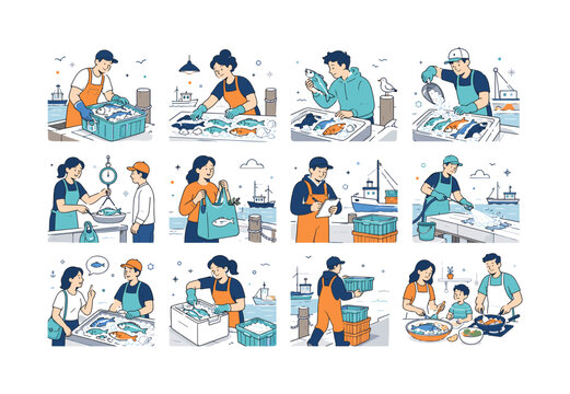 Fresh Fish Dock Sale. Coastal markets, summer mornings, local seafood, fishing, dock sales, fresh food, harbor work, and community trade. 12 minimalist editorial vector scenes: fisher unloading a