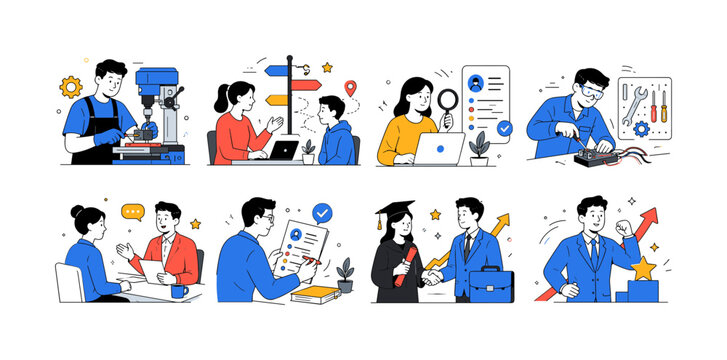 Vocational Career Pathways, clean editorial illustration set of exactly 8 separate small editorial scenes arranged in a 4x2 layout: skilled worker training, career guidance session, job search,