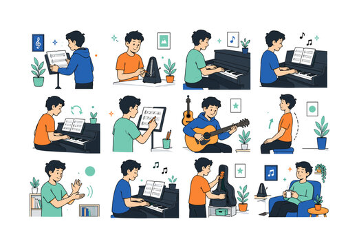 Music Practice Corner Routine. Student practice, sheet music, piano, guitar, arts education, instrument care, creative routines, and school activities. 12 minimalist editorial vector scenes: student