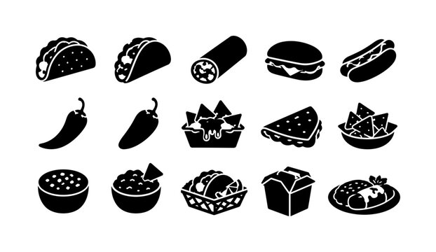 Mexican Street Food &mdash; solid glyph icon set with exactly 15 fully filled black food symbols arranged in a 5x3 grid: hard-shell taco, soft taco, burrito, sandwich, hot dog, chili pepper, jalape&ntilde;o,