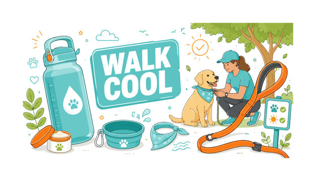 Dog Cooling Walk Gear. Clean editorial banner showing a dog owner preparing for a shaded summer walk, with an oversized water bottle and large leash extending across the canvas; add paw balm,
