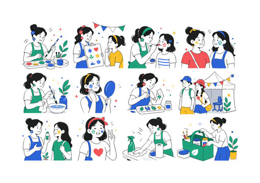 Festival Glitter Free Face Art. Eco-friendly festival beauty, biodegradable materials, colorful face painting and environmental awareness. 12 minimalist editorial vector scenes: an artist prepares