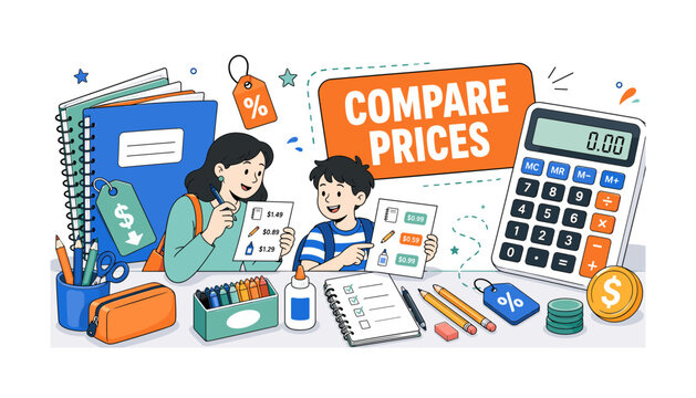 School Supply Price Comparison. Clean editorial banner showing a parent and student comparing school-supply prices at a retail table, with an oversized calculator and large notebook stack extending