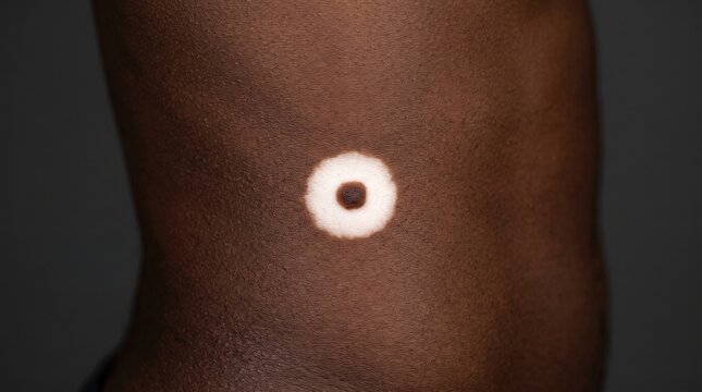 Close up shot of dark skin torso showing halo nevus with central brown mole and depigmented ring