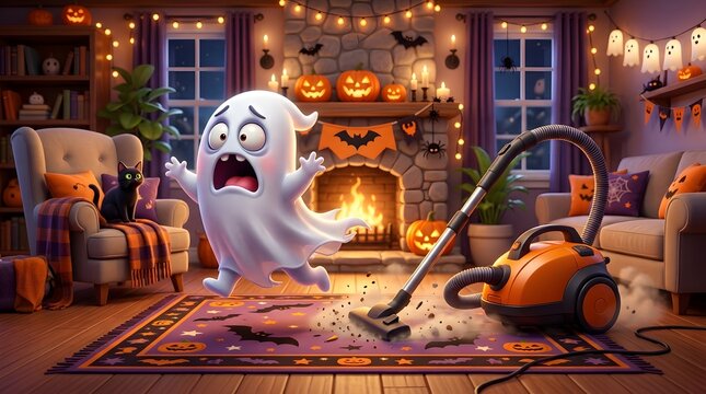 A startled cartoon ghost running away from an orange vacuum cleaner in a cozy, halloween-decorated living room with a stone fireplace