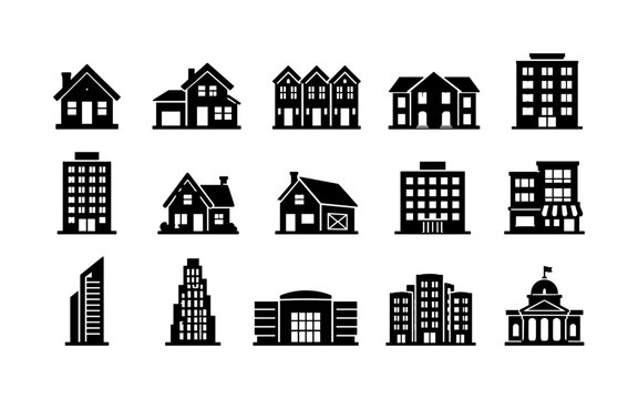 Urban Building Profiles &mdash; Solid glyph icon set with exactly 15 fully filled building silhouettes arranged in a 5x3 grid: detached house, suburban home, townhouse, duplex, apartment block, condominium