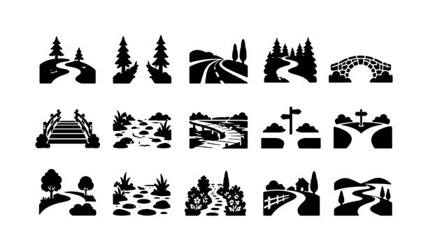 Pathways Bridge Routes, solid glyph icon set, create exactly 15 fully filled black landscape icons arranged in a 5x3 grid: winding footpath, straight trail, rural road, forest track, stone bridge,
