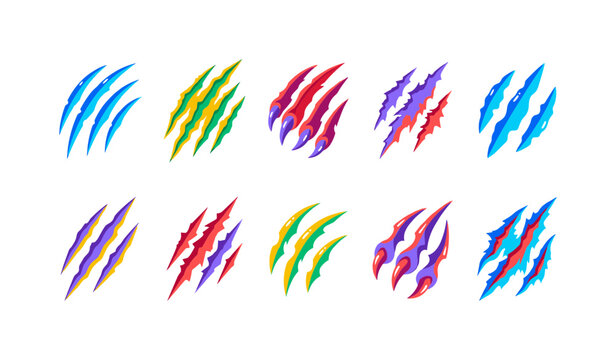 Wild Claw Marks, bright flat vector icon set featuring tiger claw, bear scratch, lion slash, monster tear, dinosaur mark, werewolf scratch, danger scar, paw slash, Halloween claw, torn surface,