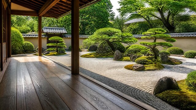 Japanese gravel garden with pruned pine trees viewed from engawa