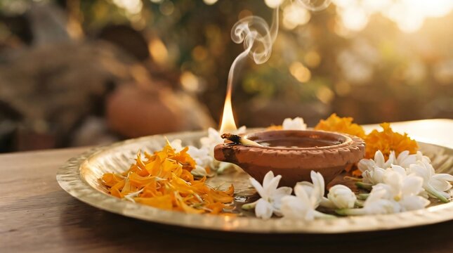 Brass Oil Lamp Glowing Brightly Surrounded by Marigold Petals for Mahalaya Amavasya Rituals