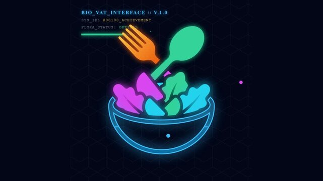 Food salad vegetables animation in 3d fork of spoon bowl preparation vegetarian healthy eating