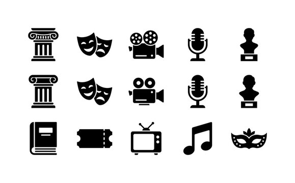 Culture Arts Collection, solid glyph icon set featuring museum column, theater masks, movie camera, microphone, sculpture, book, ticket, television, music note, carnival mask, covering culture,