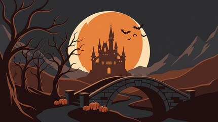 Fototapeta premium Haunted castle at night with full moon and flying bats in gothic horror scene