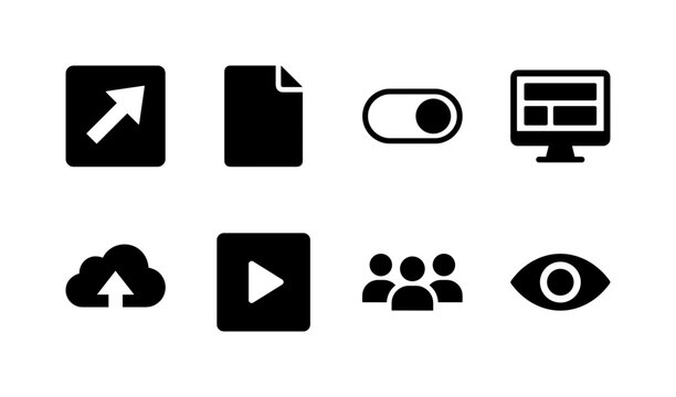 Content Visibility Tools, solid glyph icon set featuring eye symbol, publish button, content page, visibility toggle, preview screen, web upload, media card, audience marker, covering content