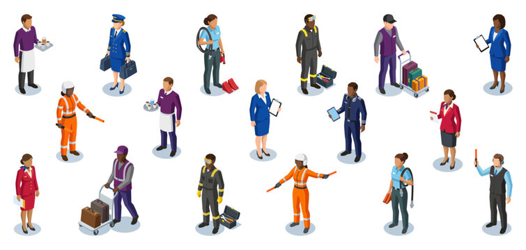 Airport staff and aviation workers managing commercial flight operations | Isometric flat illustration graphic