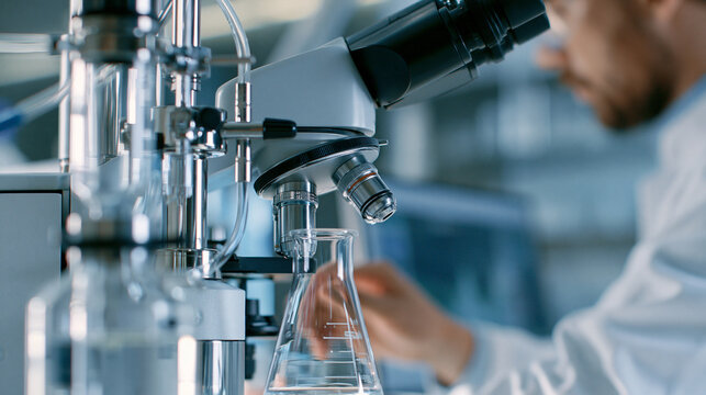 Photorealistic modern fragrance R&D lab scene with a gas chromatography machine analyzing a scent sample, a scientist in a white coat reviewing data on a monitor, clean bright ster