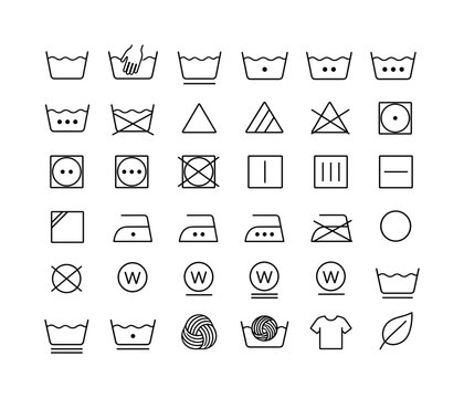 Laundry Care Label Symbols, line icon set, 30 clean outline icons including machine wash, hand wash, delicate wash, cold wash, warm wash, hot wash, do not wash, bleach allowed, non-chlorine bleach, do