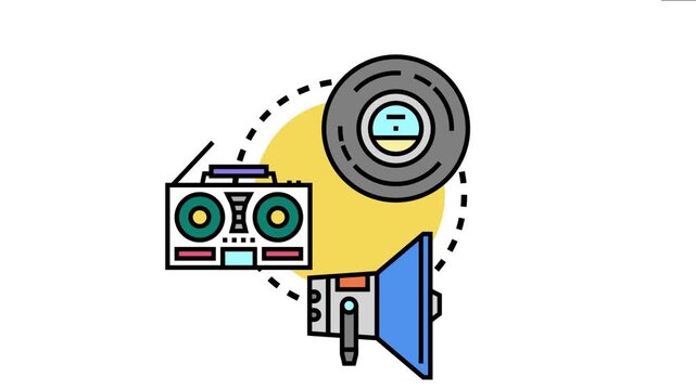 Depicting audio digital collectibles, showing a vintage boombox, a record, and a megaphone, symbolizing sound ownership and distribution in the digital realm