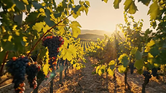 Vineyard Rows at Sunset with Ripe Grapes Hanging on Vines, Golden Hour Light