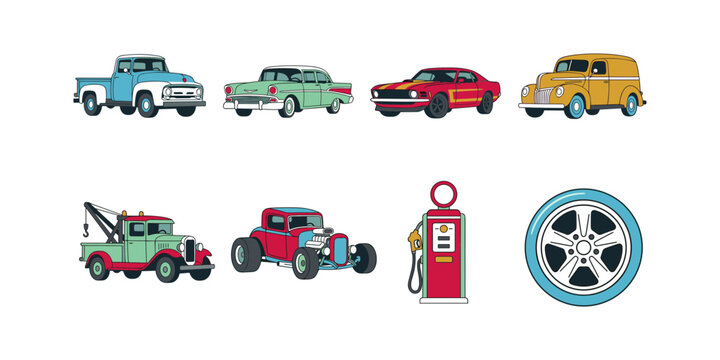 Vintage Classic Car Collection with Retro Vehicles, Gas Pump and Wheel Illustration