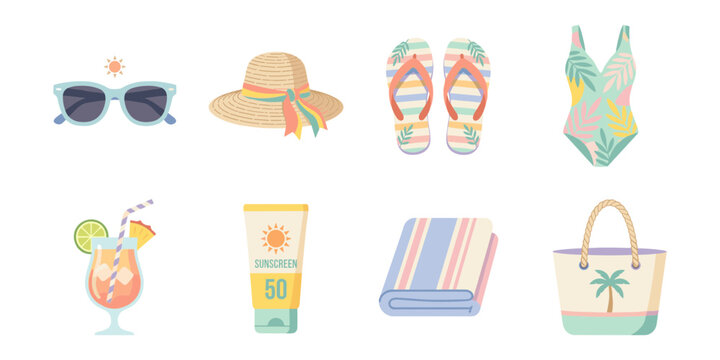 Summer Beach Essentials Vector Set with Sunglasses, Hat, Swimsuit, and Tropical Accessories