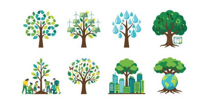 Environmental Tree Icons Representing Recycling, Renewable Energy, Water Conservation and Sustainability