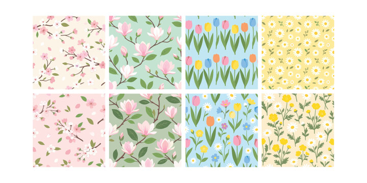 Spring Floral Pattern Collection with Cherry Blossoms, Magnolias, Tulips, Daisies, and Buttercups