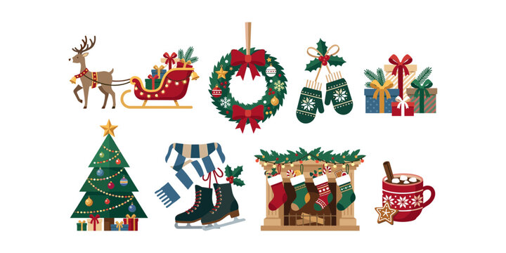 Christmas Celebration Icons with Sleigh, Wreath, Tree, Fireplace and Festive Treats Vector