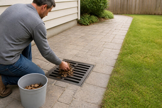 Man clearing dry leaves from residential yard drain