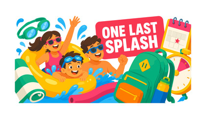 Naklejka premium Final Pool Day banner showing three expressive family members enjoying one last swim before school starts, with an oversized inflatable ring and oversized backpack, plus goggles, towel, school
