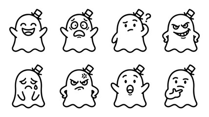Fototapeta premium Cute ghost emoji vector set, cartoon ghost character with different facial expressions, spooky Halloween line art icons