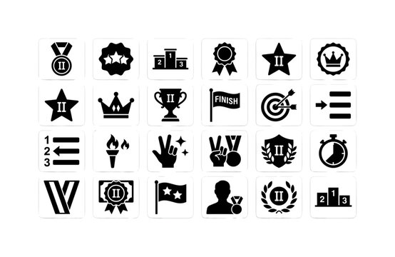 Second Place Award, solid glyph icon set featuring silver medal, runner-up badge, podium step, award ribbon, achievement star, championship emblem, covering second place, competitions, sports awards,