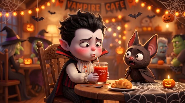 Cartoon vampire boy drinking tomato juice with a bat companion at a halloween themed cafe with pumpkins, string lights, and spider webs