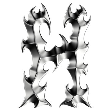 Chrome 3D font letter H. Metallic neo-tribal display typeface. Isolated PNG