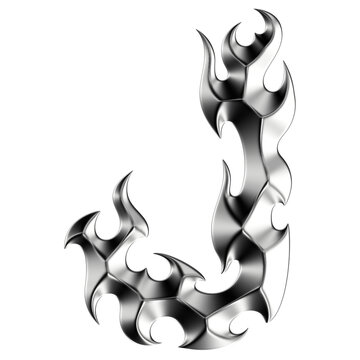 Chrome 3D font letter J. Metallic neo-tribal display typeface. Isolated PNG