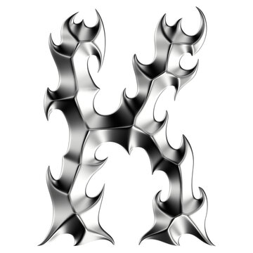 Chrome 3D font letter K. Metallic neo-tribal display typeface. Isolated PNG