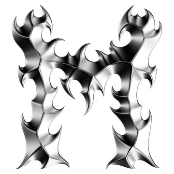 Chrome 3D font letter M. Metallic neo-tribal display typeface. Isolated PNG