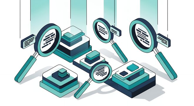 Detailed search and data analysis using magnifying glasses over informational blocks illustrating research and investigation concepts