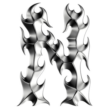 Chrome 3D font letter K. Metallic neo-tribal display typeface. Isolated PNG