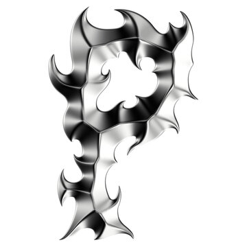 Chrome 3D font letter P. Metallic neo-tribal display typeface. Isolated PNG