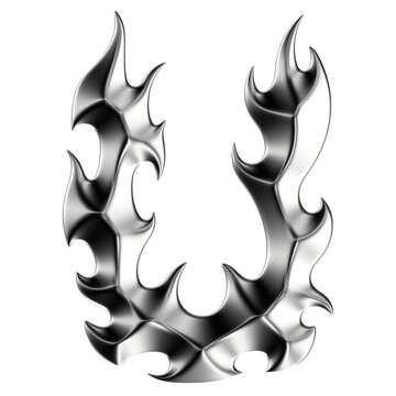 Chrome 3D font letter U. Metallic neo-tribal display typeface. Isolated PNG