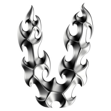 Chrome 3D font letter U. Metallic neo-tribal display typeface. Isolated PNG
