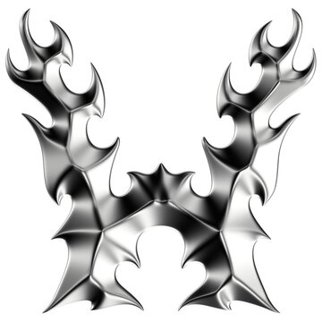 Chrome 3D font letter W. Metallic neo-tribal display typeface. Isolated PNG