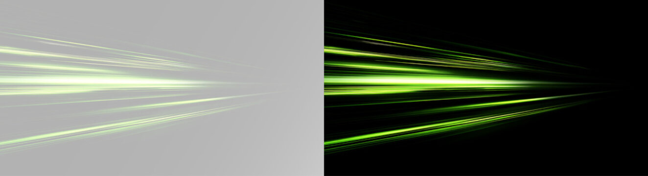 Green glowing speed trails with bright light streaks, fast laser lines, luminous energy rays, dynamic motion beams and futuristic acceleration effect, overlay