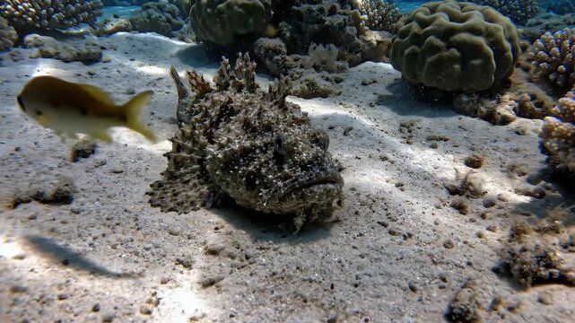 Scorpionfish camouflage on sandy seabed amidst vibrant coral reef, underwater scene