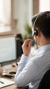 Asian customer service agent adjusting headset while working at office computer