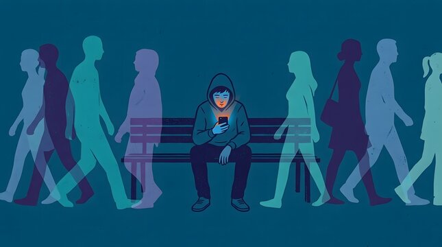 A lonely person sitting on a bench scrolling through a phone while busy crowds of people walk past in the city street reflecting a sense of social disconnection in an era of digital communication