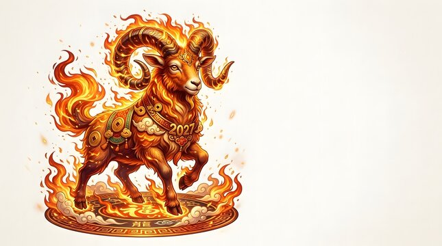 Majestic flaming ram illustration celebrating the Chinese New Year of the Goat in 2027.